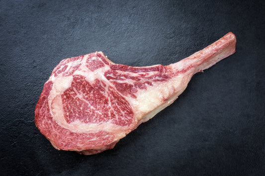 This 40 oz Australian Wagyu MS 8/9+ Tomahawk Ribeye can easily feed 2-4 people but CB has been known to take these things down alone. Dry aged for 30 days, crooked butcher world of wagyu